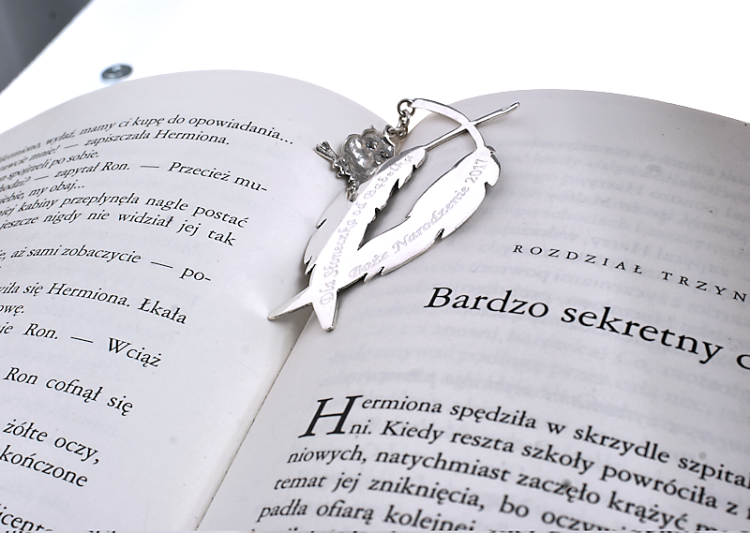Grawerowana zakładka do książki srebro 925 dwa piórka