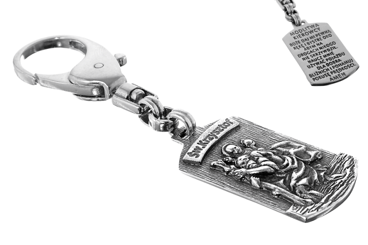 srebrny brelok święty Krzysztof i modlitwa dla kierowcy na prezent