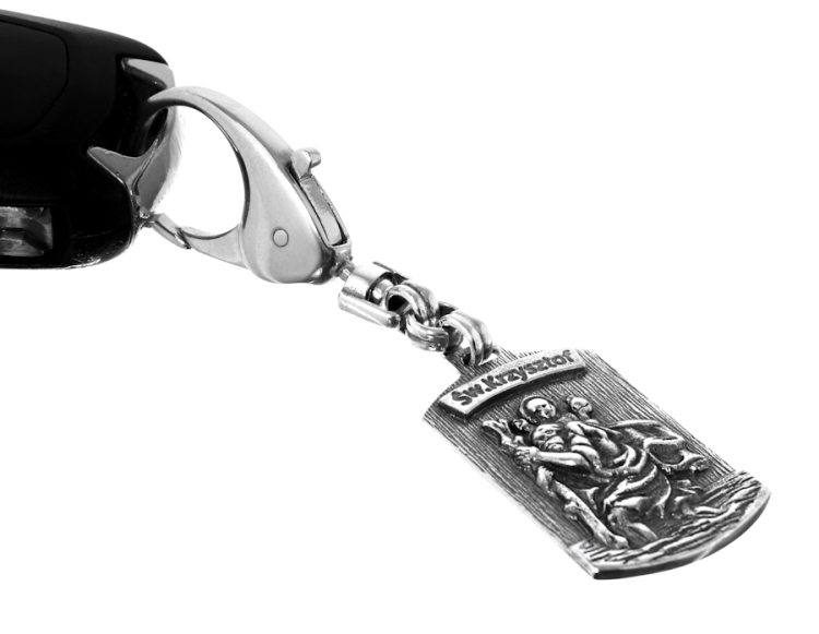 srebrny św. Krzysztof breloczek z modlitwą kierowcy