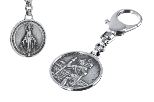 srebrny brelok ze Świętym Krzysztofem i Matką Boską