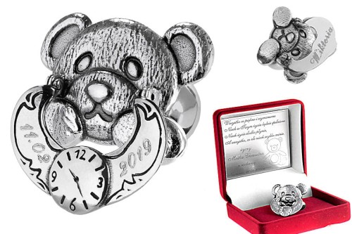 Srebrny smoczek Misiu z grawerunkiem prezent na Chrzest święty dla dziewczynki