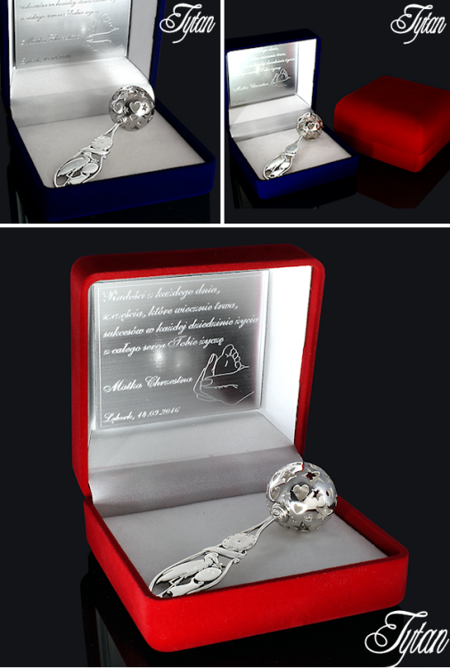 Grzechotka srebrna Bocian z grawerem  i dedykacją prezent dla dziecka