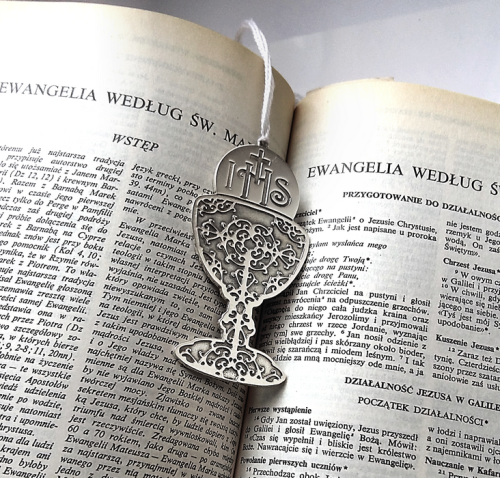 Zakładka srebrna Kielich z Hostią - grawerowany prezent
