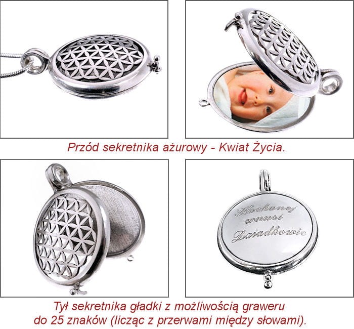 Grawerowany sekretnik Kwiat Życia puzderko z miejscem na zdjęcie