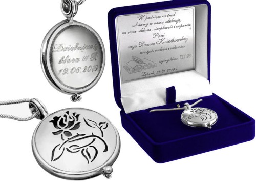 Sekretnik srebrny różyczka ażurowa z grawerunkiem, podziękowanie dla nauczycielki
