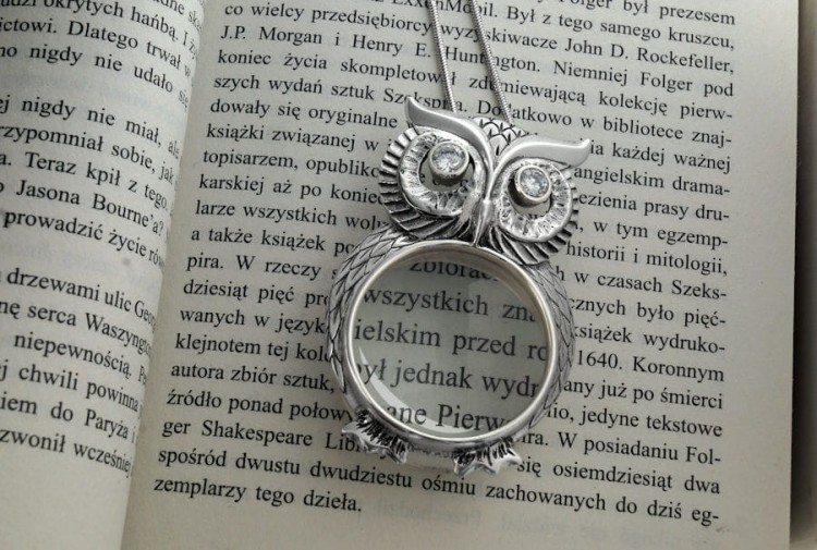 Wisior sowa srebrna ze szkłem powiększającym na łańcuszku