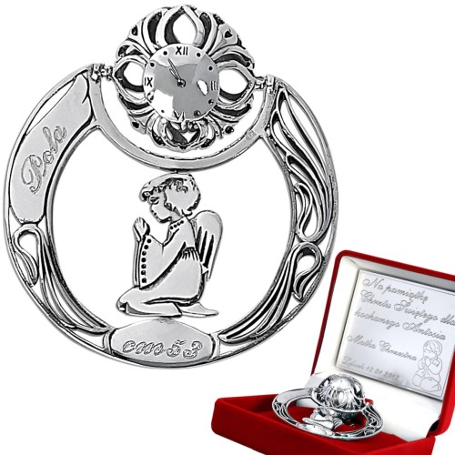 Srebrna grzechotka Anioł z grawerunkiem na prezent z okazji chrztu dla chłopca