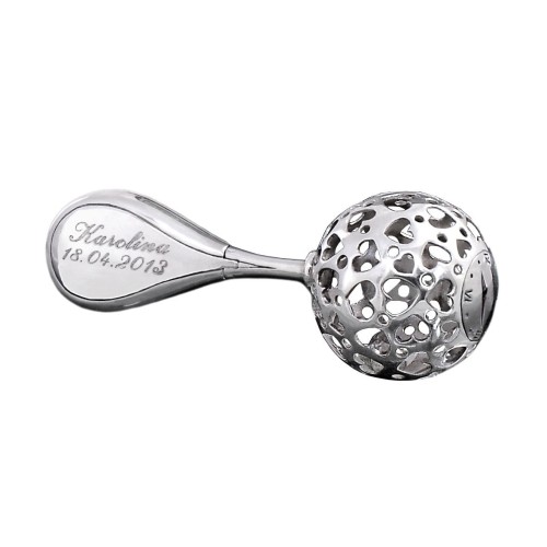 Grzechotka grawerowana z miejscem na pierwszy ząbek srebro 925