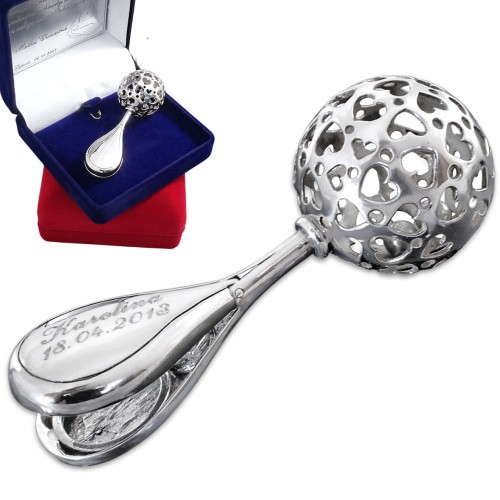 Grzechotka otwierana ze srebra z grawerunkiem-prezent na chrzest