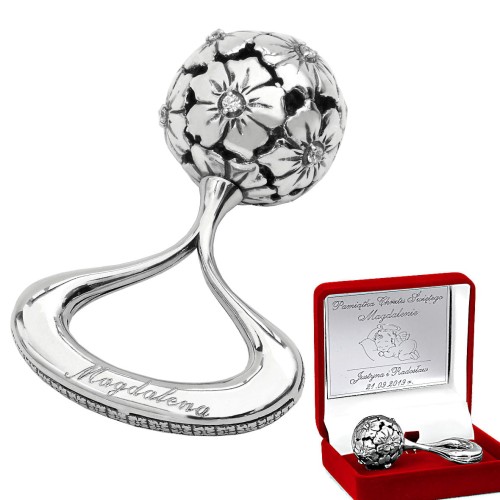 Grzechotka srebrna kwiatki cyrkonie grawerunek na prezent z okazji Chrztu narodzin