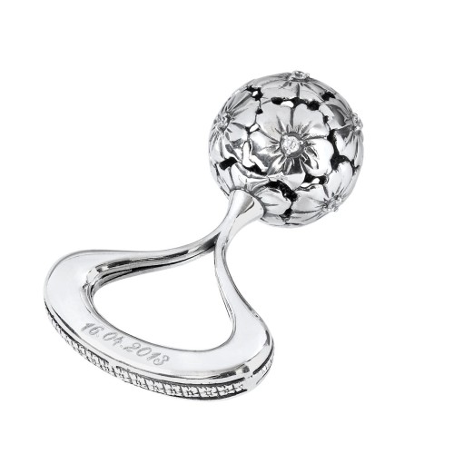 Grzechotka srebrna kwiatki z cyrkoniami pamiątka Chrzu Świętego od Chrzestnych