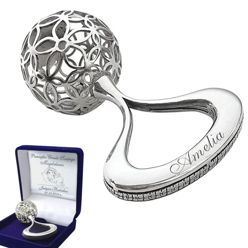 Grzechotka srebrna grawerowany prezent z okazji chrztu narodzin