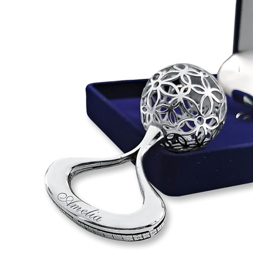 Srebrna grzechotka z grawerem prezent na chrzest święty dla dziewczynki