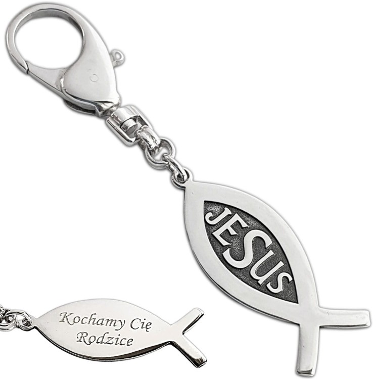 personalizowany srebrny breloczek ryba jesus grawer