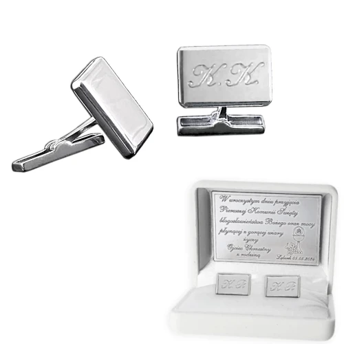 prostokątne srebrne spinki do mankietów z grawerem prezent na komunie