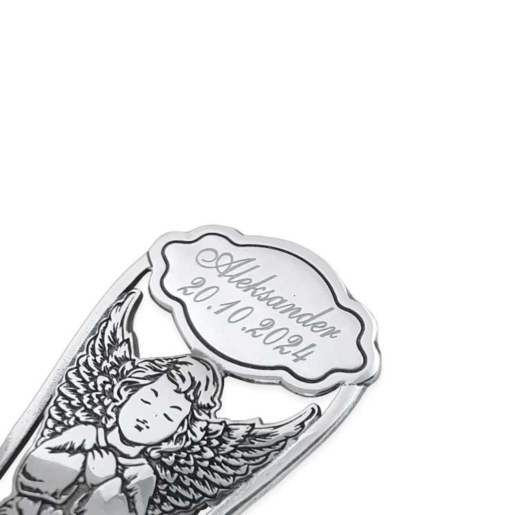 Srebrna łyżeczka Aniołek z graweunkiem imienia i daty urodzenia dziecka
