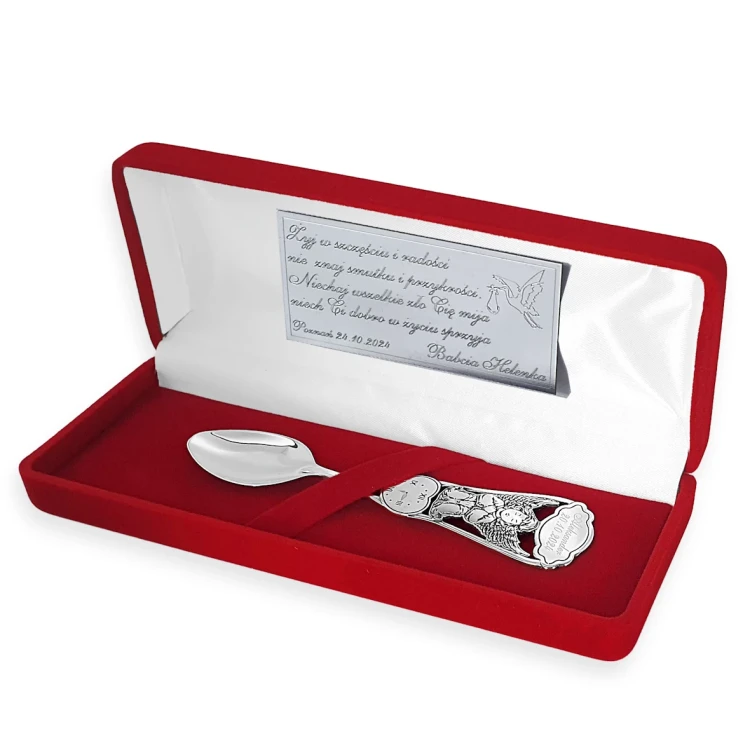 Srebrna łyżeczka Anioł z dedykacją -grawerowana pamiatka chrztu