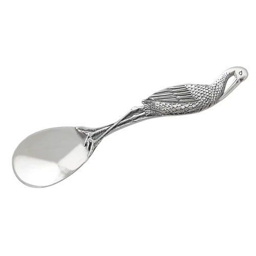 Srebrna łyżeczka z postacią bocianz i grwerem na odwrocie - pamiatka Chrztu