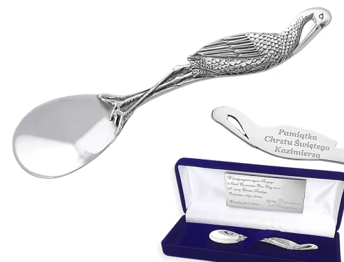 Srebrna łyżeczka Bocian z grwerunkiem na pamiatkę Chrztu Świętego