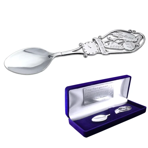 Łyżeczka srebrna z bocianem na chrzest dla chłopca albo dziewczynki