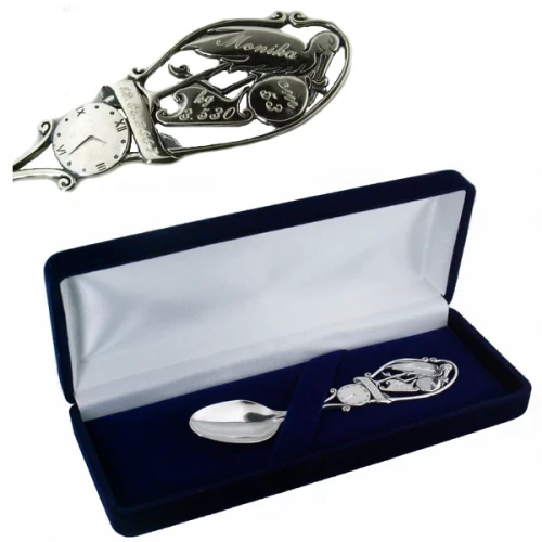 Łyżeczka srebrna z bocianem na chrzest dla dziewczynki i chłopca