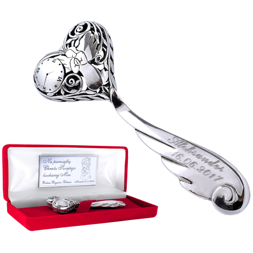 Srebrna grzechotka Skrzydło Anioła z grawerunkiem na pamiątkę Chrztu Świętego