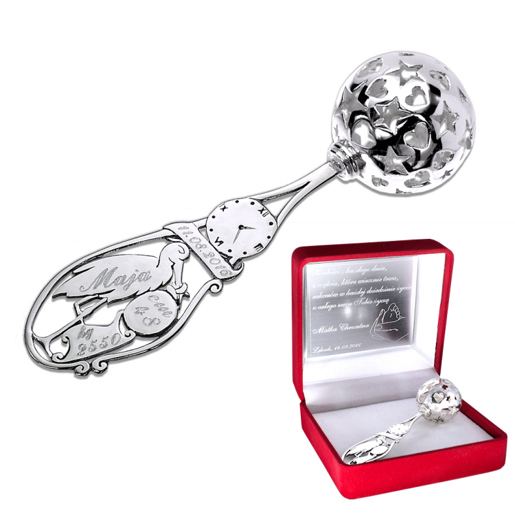 Srebrna grzechotka Bocian z grawerunkiem prezent na chrzest święty