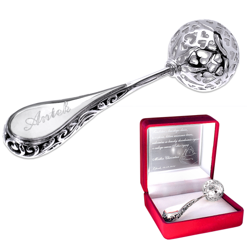 Grzechotka srebrna klasyczna z grawerem prezent na chrzest od rodziców chrzestnych