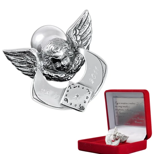 Srebrny smoczek z grawerunkiem aniolek prezent na chrzest dla dziewczynki