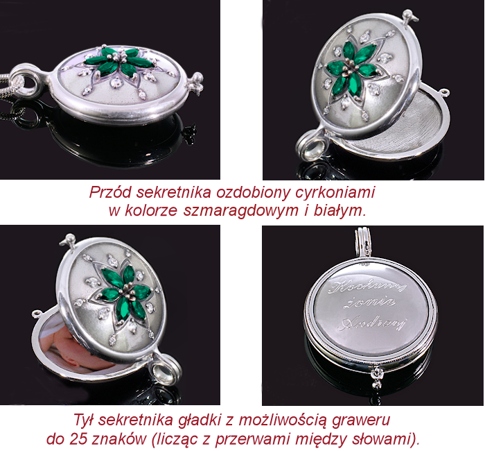 Otwierany sekretnik ze srebra z cyrkoniami i grawerem