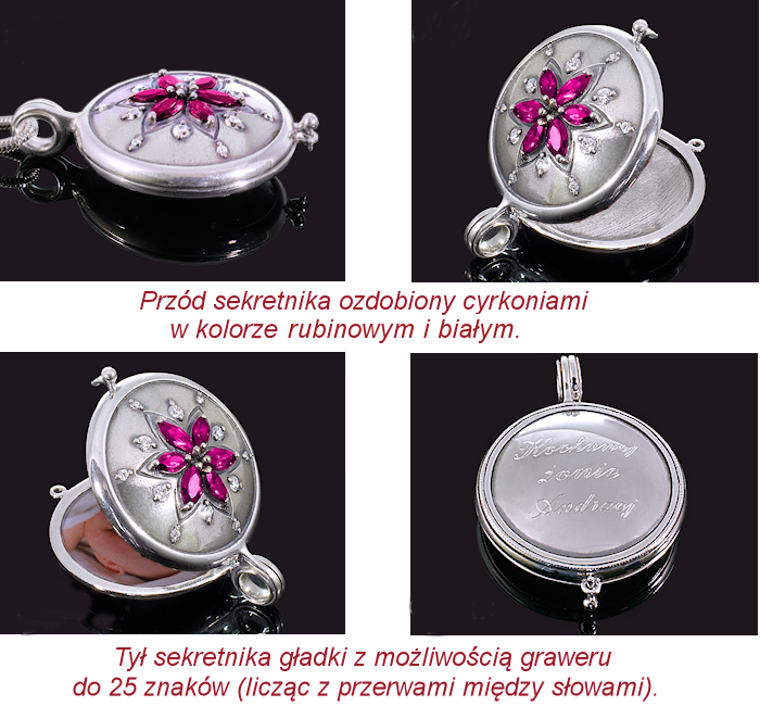 Otwierany sekretnik z cyrkoniami różowymi na zdjęcie - grawerunek, srebro 925