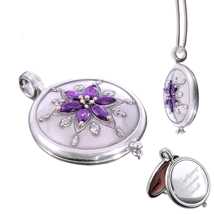 Srebrny sekretnik Kwiat z fioletowych cyrkonii z grawerem - otwierany wisiorek na zdjęcie