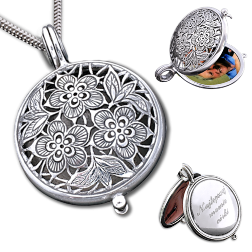 Srebrny sekretnik kwiatki ażurowe puzderko z grawerem