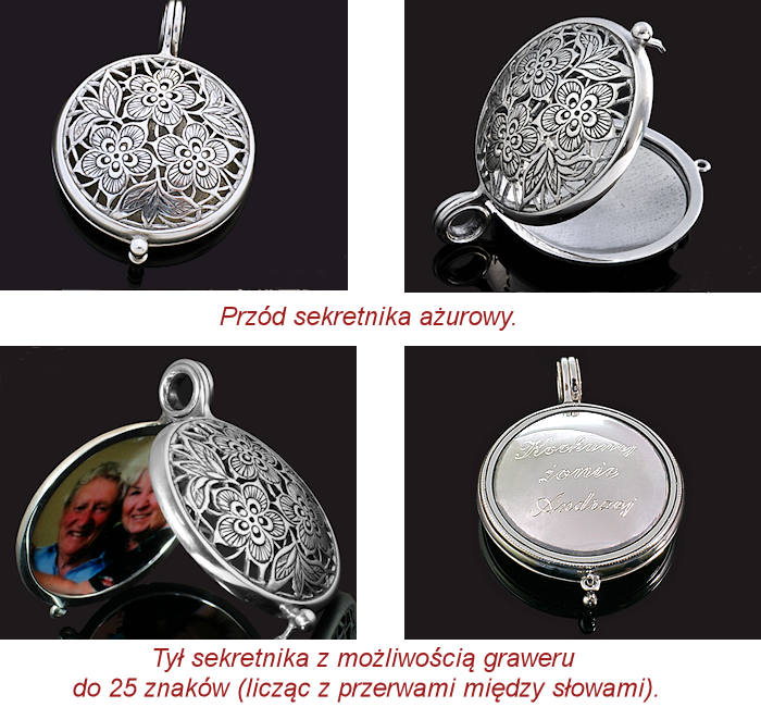 Srebrny medalion otwierany - wisiorek ażurowe kwiatki z grawerem i miejscem na zdjęcie