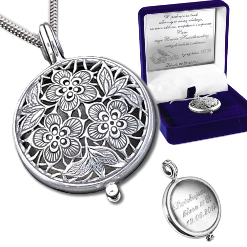 Sekretnik srebrny kwiatki z grawerunkiem - podziękowanie dla nauczycielki