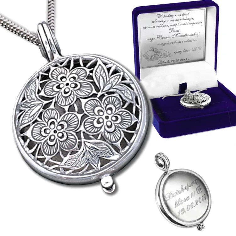 Sekretnik srebrny kwiatki z grawerunkiem - podziękowanie dla nauczycielki
